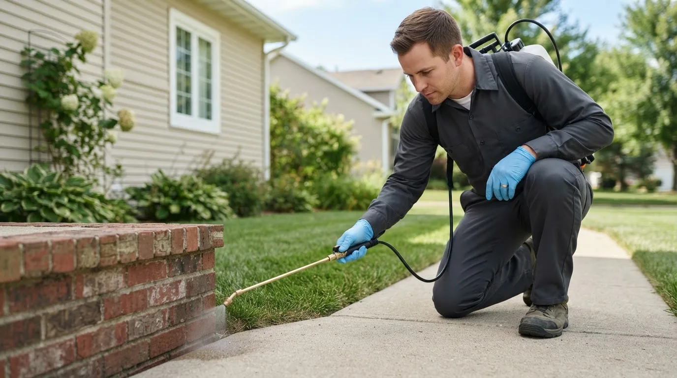 Pest control technician treating a home near Claremont, SD